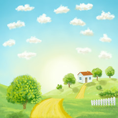 cartoon illustration with house, trees road on hills, sky with clods and sunrise