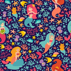 Mermaids girls vector seamless pattern. Cute cartoon background with little mermaid, shell. Fish, cat mermaid, corals and calligraphy inspirational text. Under the sea cartoon style