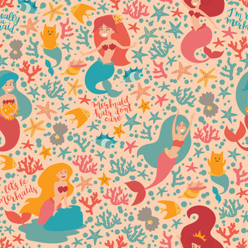 Mermaids girls vector seamless pattern. Cute cartoon background with little mermaid; shell. Fish; cat mermaid; corals and calligraphy inspirational text. Under the sea cartoon style; light colors © coffeee_in