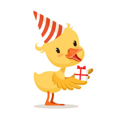 Little yellow duckling in a party hat holding gift box, cute emoji character vector Illustration