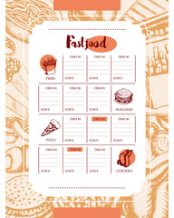 Obraz premium Fast food - color hand drawn vintage template menu