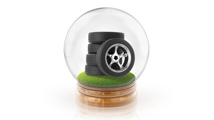Transparent sphere ball with tires of car inside. 3D rendering.
