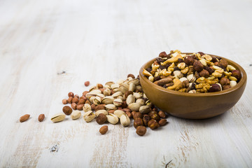 Nuts in a wooden bowl  on a  wooden table