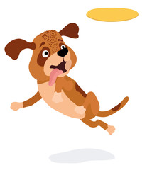 cartoon dog playing with yellow plastic disc. vector illustration