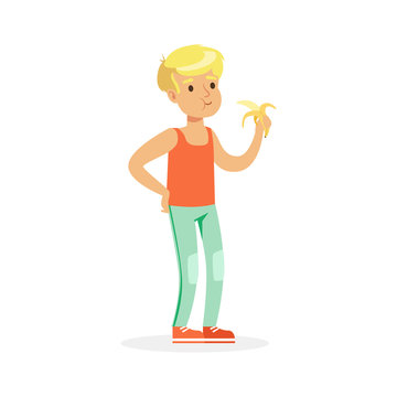 Cute blonde boy eating banana fruit, colorful character vector Illustration