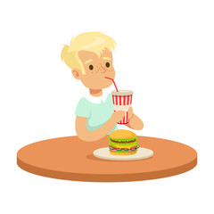 Cute boy drinking a soda through a straw and eating burger, colorful character vector Illustration