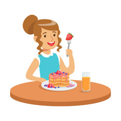 Happy girl sitting at the table and eating a cake, colorful character vector Illustration