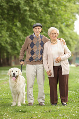 Senior couple with a dog in the park