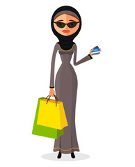 Glamorous arab woman standing in her traditional dress holding shopping bags flat cartoon vector illustration Isolated on a white background.