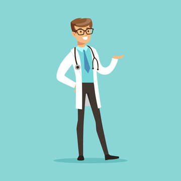 Cheerful male doctor character standing vector Illustration