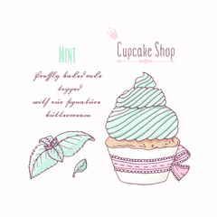 Hand drawn cupcake with doodle buttercream for pastry shop menu. Mint flavor