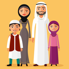 Arab family is happy together father, mother, daughter, son in traditional costume.