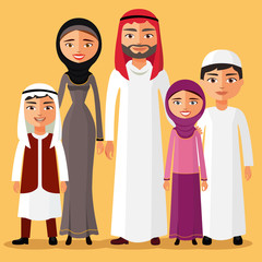 Happy muslim arabic family members isolated on background. Arab cartoon people father, mother, son, daughter.