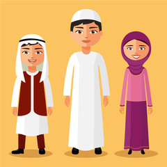 Arab children standing cartoon vector illustration.