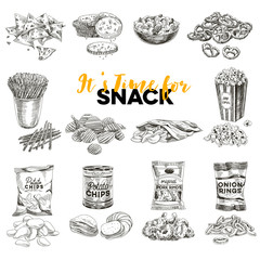 Vector hand drawn Illustration with retro snack staff.