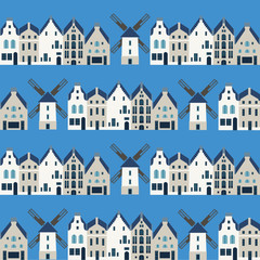 Seamless vector pattern with traditional dutch houses and mills