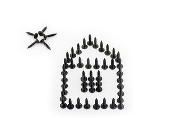 House and sun laid out with Phosphated black screw isolated on white background