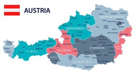 Austria - map and flag – illustration - obrazy, fototapety, plakaty