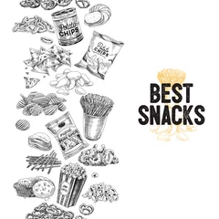 Fotobehang Vector hand drawn snack and junk food Illustration. © Natalya Levish