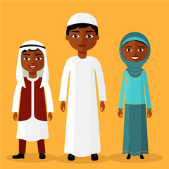 Muslim Kids young arab boys and girl standing together and smiles flat vector illustration. cartoon saudi kid.