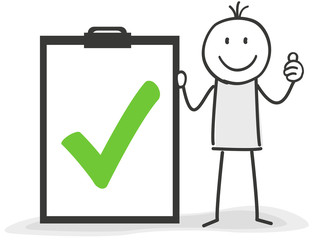 Figur zeigt grüner Haken auf Klemmbrett mit Daumen nach oben