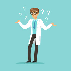Thoughtful doctor character having many questions vector Illustration