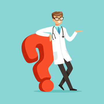 Smiling male doctor character standing and leaning against the big question mark character vector Illustration
