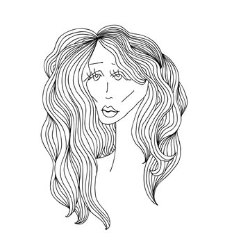 Sad woman with beautiful hair. Digital sketch grafic black and white style. Vector illustration.