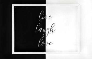 Framed "Live, laugh, love" minimalistic poster. Handwritten inspirational quotes