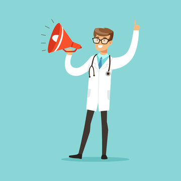 Young male doctor character shouting into a megaphone vector Illustration