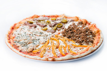 Sliced meat pizza with chicken, beef and sweet pepper