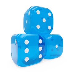 3d rendering three blue glass dices isolated on white background