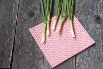Green Onion on wood background