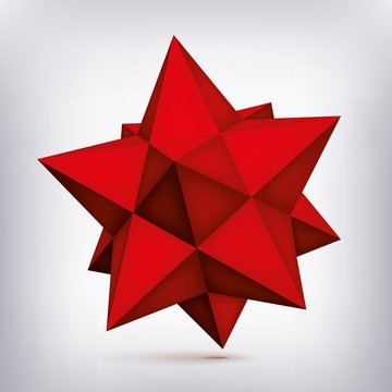 Volume polyhedron red star, 3d object, geometry shape, mesh version, abstract vector element