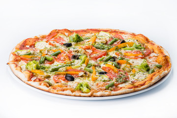 Vegetarian pizza with broccoli, green beans, olives and tomatoes on a plate