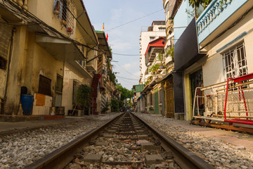 Railway train in Hanoi , Vietnam