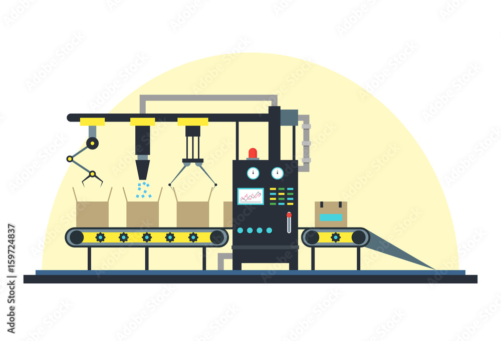 Poster conveyor machine fully automatic production line. vector