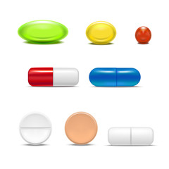 Realistic Detailed Pills Capsules and Drugs Set. Vector
