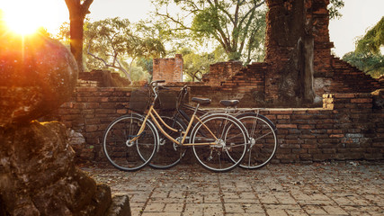 Tourist Bicycles at Wat Phra Si Sanphet temple in Ayutthaya Historical Park, a UNESCO world heritage site, Thailand
