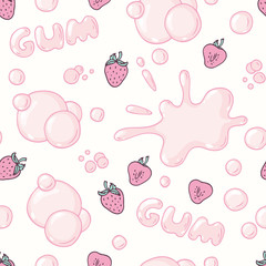 Seamless pattern with hand drawn bubble gum seamless pattern. Strawberry flavor. Pink background - 159725271