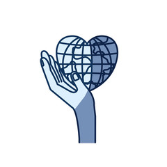 blue color silhouette shading of side view hand holding in palm a earth globe world in heart shape vector illustration
