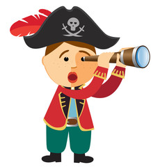 Pirate boy looking through a spyglass telescope vector illustration isolated on a white background