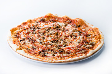 Delicious sliced ​​Italian pizza with mushrooms, ham and cheese