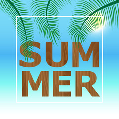 Naklejka premium Hello Summer Vector Illustration - Bold Text with Palm Trees on blue Background