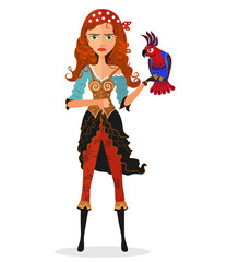 Frowning pirate cheerful girl with parrot isolated on a white background vector illustration