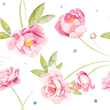 Seamless flowers pink peony rose and wildflower forget me not on a white background.watercolor cartoon children hand draw illustration for textile, paper, tag, logo, brand, web design, banner, label