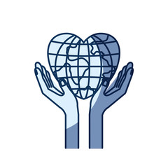 blue color silhouette shading of hands with floating earth globe world in heart shape vector illustration