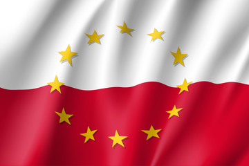 Poland national flag with a circle of European Union twelve gold stars, symbol of unity with EU, member since 1 May 2004. Realistic vector style illustration