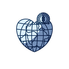 blue color silhouette shading of money box in globe earth world in heart shape with coin with dollar symbol vector illustration