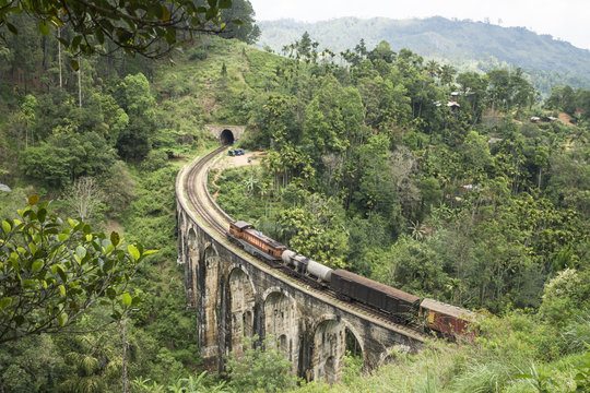 Train on a stone brigde in the mountains, Ella, Sri Lanka